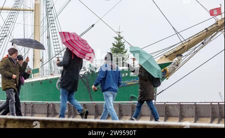 Hambourg, Allemagne. 24 décembre 2023. Les marcheurs passent devant le navire du musée Rickmer Rickmers sur l'Elbe dans la bruine. La tempête s'est affaiblie, mais beaucoup de pluie et de neige sont attendues dans certaines régions d'Allemagne ce week-end. Les niveaux d'eau de nombreuses rivières augmenteront également. Les voyageurs ferroviaires doivent être prêts pour les trains complets. Crédit : Markus Scholz/dpa/Alamy Live News Banque D'Images