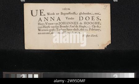 Invitation aux funérailles d'Anna van der Does, Anonyme, en 1650 ou après l'impression typographique papier Westerkerk Banque D'Images