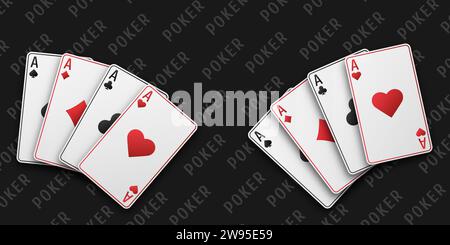 Poker et concept de casino. Un fan à deux mains de cartes à jouer composé de quatre As blancs de pique, Carreau, Trèfle, cœur. Illustration vectorielle sur un bl Illustration de Vecteur
