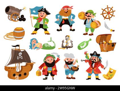 Éléments pirates de dessins animés. Drôles voleurs de mer. Voilier avec canon et ancre. Sirènes et poitrine d'or. Mignon cuisinier. Capitaine de filibuster et marins Illustration de Vecteur