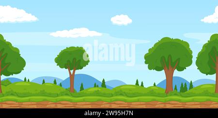 Paysage effet parallaxe. Forêt de dessins animés. Skyline de montagne. Collines sans fin. Arbres verts ou collines d'herbe. Conception de jeux. Panorama panoramique. Paysages naturels Illustration de Vecteur
