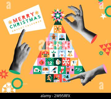 Illustration vectorielle de calendrier de l'AVENT d'arbre de Noël. Icônes de dessin animé plat avec décoration festive de la saison de Noël dans un design plat. Mains humaines en halft tendance Illustration de Vecteur