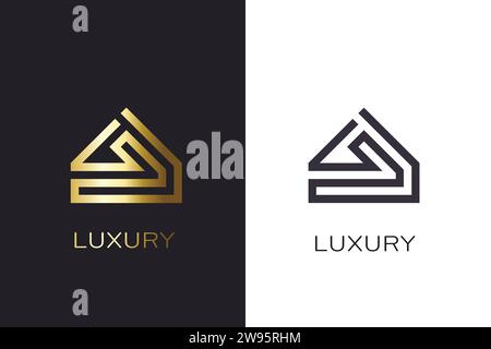 Logo de l'immobilier de luxe moderne - Un contour de maison élégant et géométrique dans des variantes d'or et monochrome, transmettant élégance et exclusivité Illustration de Vecteur