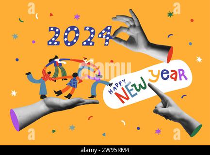 Bonne année 2024 concept d'illustration vectorielle. Collage avec des mains humaines et groupe d'amis divers dansant dans le dessin animé plat et mélange de demi-teinte à la mode Illustration de Vecteur