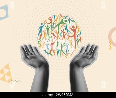 Illustration de la carte vectorielle de la communauté et de la diversité. Mains humaines tenant un cercle de personnes diverses dans le collage rétro rétro à la mode demi-teinte 90s styl Illustration de Vecteur