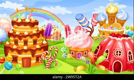 Paysage de bonbons. Sweet storyland jeu panorama de fond arc-en-ciel, ville fantastique sucre nourriture gâteau guimauves tour, arbres fantaisie bonbons crème dessert illustration vectorielle de paysage fantastique doux Illustration de Vecteur