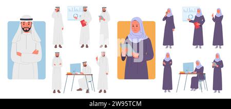 Caractères arabes. Homme et femme saoudiens, enseignant et homme d'affaires musulmans, bureau de travail des employés d'Emirates en hijab, costume traditionnel, travail arabe différent Illustration de Vecteur