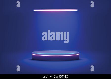 Fond néon. Lumière de podium bleue, scène ou stand vide de produit violet 3d, effet de projecteur de studio sombre sur le piédestal ou la plate-forme. Promotion boutique en arrière Illustration de Vecteur