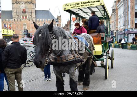 Touristes sur une visite 'The Bruges Horsecar' dans une calèche en bois tirée par un cheval sur la Grand place dans le centre-ville médiéval de Bruges Banque D'Images