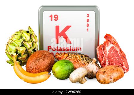 Produits contenant K potassium, rendu 3D isolé sur fond blanc Banque D'Images