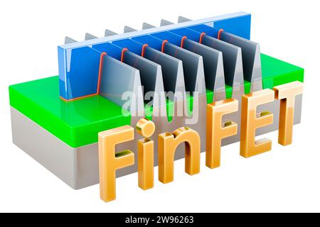 Structure de transistor FinFET, rendu 3D isolé sur fond blanc Banque D'Images