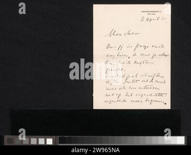 Lettre à Jan Veth, Isaac Israels, 1875 - 1925 lettre datée d'avril 13. Dans la main ultérieure 21. Le journal de la Haye. Écriture à l'encre (procédés) / stylo / atelier d'impression, atelier de l'artiste (en général) Paris Banque D'Images