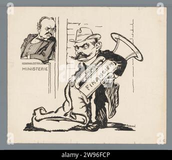 Ministre S. de Vries avec tuba, Patricq Kroon, 1918 - 1921 dessin le ministre des Finances Simon de Vries obtient un tuba d'un sac, un homme regarde du ministère, la conception d'une caricature politique. Papier néerlandais. stylo à encre caricatures politiques et satires. corne, trompette, cornet, trombone, tuba. ministre  gouvernement Banque D'Images