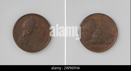 Bataille maritime au cap la Hogue, les Français vaincus par la flotte de l'Angleterre et de la Hollande, Jan Meltzing (I), médaille d'histoire 1692 Médaille de bronze. Devant : homme de poitrine avec couronne de Laurier à l'intérieur du changement. Revers : d'un côté d'un rocher le Britannia, naviguant sous le soleil, de l'autre côté navire français le soleil royal couchant sous le soleil couchant à l'intérieur ; coupe : Date Leiden bronze (métal) frappant (métallurgie) Saint-Vaast-la-Hougue. Brittany Banque D'Images