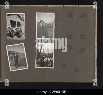Soldats allemands, Anonyme, 1941 - 1942 Photography Album Magazine avec quatre photos de soldats allemands et une jeune femme sur un pont. Fait partie de l'album de photo ABRECOMSINTENTANTur van de Wehrmacht 1941-1943. Support photographique des pays-Bas. carton gélatine argent impression occupation  guerre. Le soldat hors service pays-Bas Banque D'Images