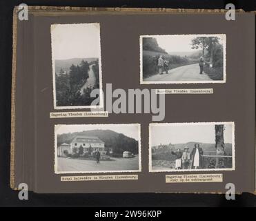 Vianden, Anonyme, 1949 Photography Album Magazine avec quatre photos des environs de Vianden au Luxembourg. Sous les photos découpez des papiers avec des inscriptions dactylographiées. Partie du premier album photo avec des photos des deux balades à vélo du père et du fils à travers les pays-Bas en septembre 1939 et juillet 1940 et un voyage en voiture avec la famille à travers les pays-Bas, la Belgique et le Luxembourg en juin 1949. Papier belge. support photographique impression gélatine argent sortie, voyage de plaisir. pays de collines basses. bus, autocar. La famille voyageant, sur les vues de vacances Banque D'Images