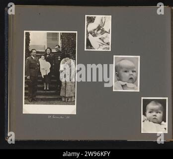 Visite du roi Léopold, chez la famille Kon à Soestdijk, anonyme, 1938 Photographie Magazine Album avec quatre photos de la princesse Beatrix bébé. Photo de Juliana et Bernhard avec le bébé et la reine Wilhelmine lors de la visite du roi belge Léopold III le 22 novembre 1938 et trois portraits de Beatrix. Partie de l'album photo sur la vie familiale des membres de la Maison Royale entre 1937-1945. Support photographique Amsterdam. carton gélatine argent imprimé bébé, bébé. Parents avec leurs enfants Soestdijk Palace Banque D'Images