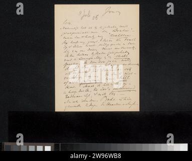 Lettre à Jan Veth, Abraham Bredius, 1874 - 1925 lettre lettre lettre datée du 8 juillet 1906 dans une main ultérieure. papier. Écriture à l'encre (procédés) / stylo Haarlem. Amsterdam Banque D'Images