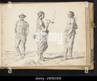 Homme fumant une pipe en compagnie de deux autres ouvriers, Esaias Bourse, 1662 dehors, sur un terrain accidenté, un homme est dessiné en diagonale de l'avant à gauche. Il est habillé en short (Kalisama). Une chemise (kamisayas) sans manches pend sur ses épaules ; les extrémités pendent toutes les deux sur le côté. Le haut de son corps est encore découvert. Sur sa tête, il porte un chapeau à larges racées (Toppiya) avec un ruban comme une bande de chapeau tourné autour d'elle. Pour voir ses vêtements, cet homme est une demande, probablement de Jaffna, et mis à Colombo pour travailler. L'homme debout au milieu porte un tapis de hanche de mollet (veshti, lun Banque D'Images