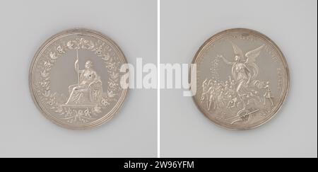 Tirage au sort de la loterie à Arnhem, Jan Boskam, médaille d'histoire 1696 Médaille d'argent. Devant : ville d'Arnhem sous la forme d'une femme assise avec une lance-couronne et un blason à l'intérieur des souffleurs et de l'inversion. Revers : le bonheur ailé disperse de l'argent sur une roue au-dessus d'une foule saisissante à l'intérieur couvrant l'argent Nijmegen (métal) frappant (travail du métal) Arnhem Banque D'Images