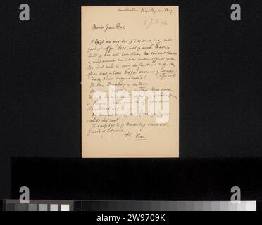 Lettre à Jan Veth, Antoon Derkinderen, 1874 - 1925 lettre lettre datée du 5 juillet 92 dans une main ultérieure. Journal d'Amsterdam. Écriture à l'encre (procédés) / stylo la Haye Banque D'Images