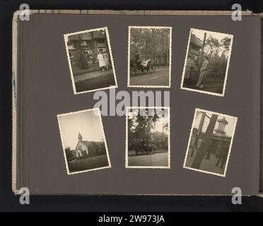 Cheval et calèche et aire de jeux, Anonyme, 1941 - 1942 Photographie Magazine Album avec six photos d'une sortie en famille et entre amis, avec un tour dans une voiture ouverte et la visite d'une aire de jeux dans une forêt. Fait partie de l'album de photo ABRECOMSINTENTANTur van de Wehrmacht 1941-1943. Support photographique des pays-Bas. carton gélatine argent impression occupation  guerre. le soldat hors service. bois et parc (comme lieux de loisirs). Terrain de jeu pays-Bas Banque D'Images