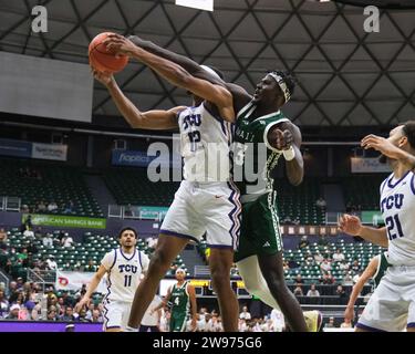 Honolulu, Hawaï, États-Unis. 24 décembre 2023. Xavier Cork (12 ans) obtient le rebond lors du match de basket-ball Diamond Head Classic de Hawaiian Airlines entre les TCU Horned Frogs et les Hawaii Rainbow Warriors au Sofi Arena du Stan Sheriff Center à Honolulu, Hawaii. Glenn Yoza/CSM/Alamy Live News Banque D'Images