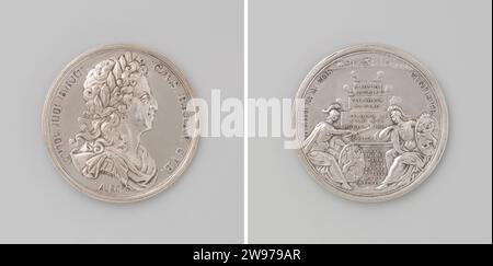 Décès de Willem III, Reynier Arondeaux, médaille d'histoire 1702 Médaille d'argent. Devant : homme de poitrine avec couronne de Laurier à l'intérieur du changement. Revers : Britannia et Holland assis à côté d'un monument funéraire, composé de quatre parties, chacune avec inscription dans Inverschrift Amsterdam argent (métal) frappant (travail des métaux) Banque D'Images