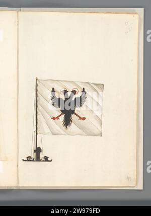 Drapeau de Naples, Anonyme, 1667 - 1670 dessin drapeau du Royaume Naples. Drapeau blanc avec un aigle noir à deux têtes. Avec des auroles autour des têtes. Drapeau sur flagsteng et pied de mât. Montré sur le folio 26r. Partie d'un livre de drapeaux avec des drapeaux d'Europe, d'Afrique du Nord, du proche et d'extrême-Orient. Papier France. encre. drapeau à l'aquarelle (peinture) stylo / pinceau, couleurs (comme symbole de l'état, etc.) Royaume Naples. Naples Banque D'Images
