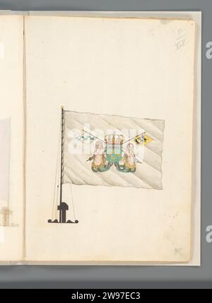 Drapeau de Naples, Anonyme, 1667 - 1670 dessin drapeau du Royaume Naples. Drapeau blanc avec deux sirènes comme porte-armes de chaque côté d'une arme avec quatre fleurs de Lys jaunes sous une barre rouge, a décerné à l'arme une couronne royale. Deux drapeaux sortent de l'arme, à gauche avec une diagonale à carreaux blanc-bleu et à droite avec trois lions noirs sur un champ jaune. Drapeau sur flagsteng et pied de mât. Montré sur le folio 24r. Partie d'un livre de drapeaux avec des drapeaux d'Europe, d'Afrique du Nord, du proche et d'extrême-Orient. Papier France. encre. drapeau à l'aquarelle (peinture) stylo / pinceau, couleurs (comme symbole de l'état, etc.) Banque D'Images