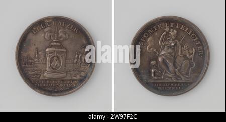 Deux centième anniversaire du relief de Vlissingen, raconté par ordre de la ville de Vlissingen et distribué pendant les festivités, Johann Heinrich Schepp, médaille d'histoire 1772 Médaille d'argent. Devant : colonne avec pectorale de Willem I en médaillon ; sur les colonnes fumant réservoir d'encens avec deux SLIGHEREDEN autour d'elle ; dans la flotte de fond du Geuzen et tir des navires espagnols de la ville de Vlissingen dans Kerschrift ; Cut : inscription. Côté rail : liberté, représentée comme une femme castrée avec un chapeau sur une lance, superstition piétinée, représentée comme un jeune homme les yeux bandés avec une épée ; dans le dos Banque D'Images