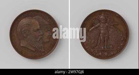 Mariage de Willem III, roi des pays-Bas et Emma, princesse de Waldeck-Pyrmont à Arolsen, Edouard Louis Geerts, médaille d'histoire 1879 Médaille de bronze. Devant : poitrine homme et femme à l'intérieur du changement. Inconvénient : debout devant l'autel, sur lequel Kroon et Scepter sont, Engel Bloemenguirle tient à deux armoiries en couvrant Bruxelles bronze (métal) frappant (métallurgie) Arolsen Banque D'Images