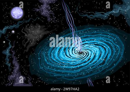 Vector Space Quasar, affiche horizontale astronomique avec illustration abstraite de quasar supermassif avec des poutres violettes dans l'espace profond, futu décoratif Illustration de Vecteur