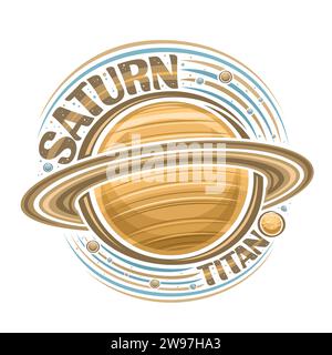 Logo Vector pour Saturne, impression cosmique décorative avec la planète en rotation saturne et de nombreuses lunes, surface venteuse de gaz, autocollant cosmo futuriste avec le unique Illustration de Vecteur