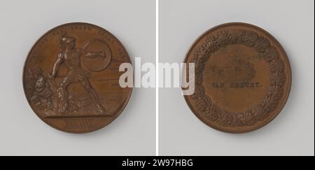 Médaille de récompense pour les défenseurs de la Citadelle d'Anvers 1832, au nom de P. van Drecht, David van der Kellen (1804-1879), médaille d'histoire 1832 Médaille de bronze, sur le front un soldat, en vêtements anciens avec bouclier et épée brisée, à côté de la rivière sur une rivière, sertit des flèches ennemies, avec un changement et un texte découpé, une salle d'écriture dans une lourde couronne de chêne sur le verso. Avec nom emmêlé. Bronze d'Utrecht (métal) frappe (travail des métaux) Banque D'Images