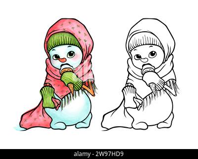 Mignon petit bonhomme de neige, habillé d'un chapeau vert tricoté et de mitaines et enveloppé dans un foulard rouge, tient un sac cadeau dans une main et mange de la crème glacée. Main Banque D'Images