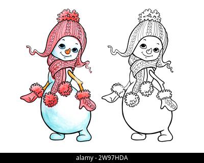 Mignon bonhomme de neige fille dans un bonnet tricoté rose, mitaines et écharpe avec pompons. Page à colorier dessinée à la main avec échantillon de couleur Banque D'Images