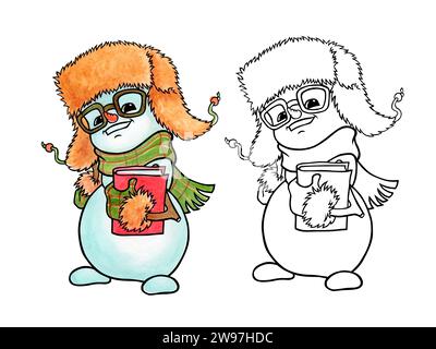 Coloriage. Bonhomme de neige joyeux et de bonne humeur dans un chapeau de fourrure, une écharpe et des mitaines avec des lunettes et un livre. Illustration dessinée à la main. Banque D'Images