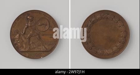 Médaille de récompense pour les défenseurs de la Citadelle d'Anvers 1832, sans inscription, David van der Kellen (1804-1879), 1832 médaille d'histoire Médaille de bronze, sur le devant un soldat, en vêtements anciens avec bouclier et épée brisée, à côté de la rivière sur une rivière, sertit les flèches ennemies, avec un changement et un texte découpé, une salle d'écriture dans une lourde couronne de chêne sur le verso. Sans inscription. Bronze d'Utrecht (métal) frappe (travail des métaux) Banque D'Images