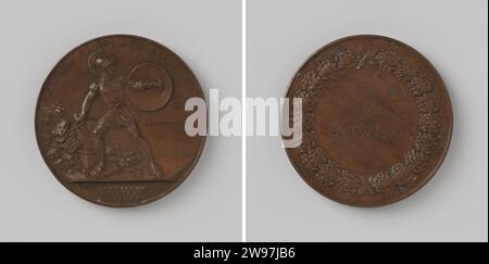 Médaille de récompense pour les défenseurs de la Citadelle d'Anvers 1832, au nom de J. Schrooijer, David van der Kellen (1804-1879), médaille d'histoire 1832 Médaille de bronze, sur le front un soldat, en vêtements anciens avec bouclier et épée brisée, à côté de la rivière sur une rivière, sertit les flèches ennemies, avec un changement et un texte découpé, une salle d'écriture dans une lourde couronne de chêne sur le verso. Avec nom emmêlé. Bronze d'Utrecht (métal) frappe (travail des métaux) Banque D'Images