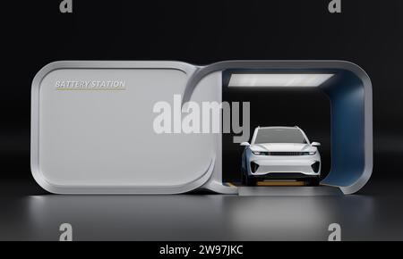 Blanc SUV électrique échangeant le bloc-batterie dans la station d'échange de batterie. Lumière de studio. Conception générique. Image de rendu 3D. Banque D'Images