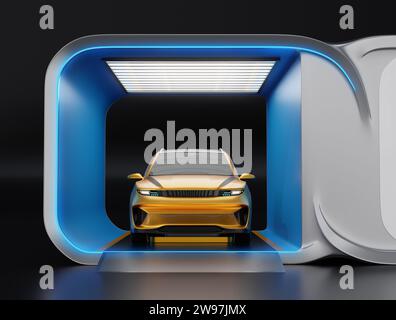 Vue rapprochée du bloc-batterie jaune de remplacement de SUV électrique dans la station de remplacement de batterie. Conception générique. Image de rendu 3D. Banque D'Images
