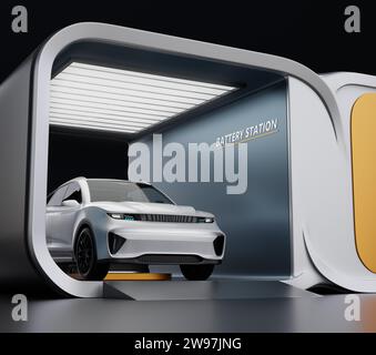 Vue rapprochée du bloc-batterie blanc de remplacement de SUV électrique dans la station de remplacement de batterie. Conception générique. Image de rendu 3D. Banque D'Images