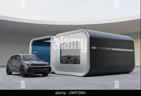 SUV électrique noir traversant la station d'échange de batterie. Conception générique. Image de rendu 3D. Banque D'Images