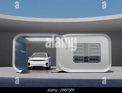 Vue avant du bloc-batterie de remplacement de SUV White Electric dans la station de remplacement de batterie. Conception générique. Image de rendu 3D. Banque D'Images