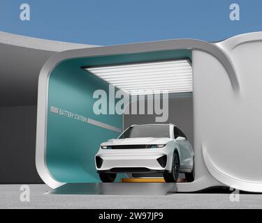 Vue rapprochée du bloc-batterie blanc de remplacement de SUV électrique dans la station de remplacement de batterie. Conception générique. Image de rendu 3D. Banque D'Images