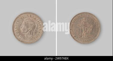 Shilling d'Afrique du Sud, 1941 ,, pièce de 1941 pièce d'argent. Devant : buste du roi britannique et empereur George VI à gauche. Revers : sur l'ancre, penchée, debout forme femelle avec la mer sur ses pieds et un soleil radieux sur la droite derrière elle. Année en inversion en haut et désignation de la valeur : shilling en bas. argent (métal) frappe (travail des métaux) Banque D'Images