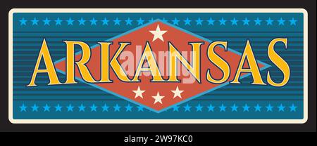 Plaque rétro de l'état de l'Arkansas, panneau métallique américain, capitale de Little Rock, ville de Pulaski. Vecteur vieux panneau de route, panneau et panneau de signalisation vintage, typographie et cadre, panneau d'affichage des États-Unis Illustration de Vecteur