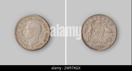 6 Pence d'Australie par le roi George VI, 1943 ,, pièce de 1943 pièce d'argent. Devant : tête du roi à gauche. Revers : par deux, sur le sol, y compris banderol avec inscription, les animaux debout comme porte-boucliers tenaient les armoiries. Désignation de la valeur en haut et année en bas. Cartel Edge. argent (métal) frappe (travail des métaux) Banque D'Images