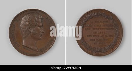 Reconnaissance de la politique indépendante du Royaume de Belgique par les XXIV articles de la conférence de Londres, en l'honneur de Léopold Ier, Roi des Belges, M. Borrel, médaille d'histoire 1831 Médaille de bronze. Devant : l'homme de poitrine à l'intérieur du changement. Revers : inscription à l'intérieur Eikekrans bronze (métal) frappant (travail des métaux) Londres. Belgique Banque D'Images